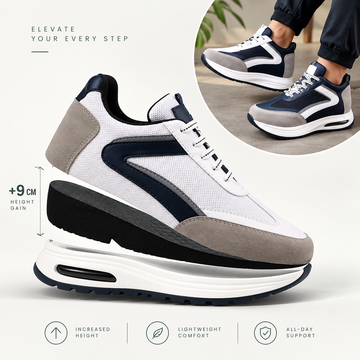 Mens 9cm Height Boost Sports Shoes Invisible Elevator Design
