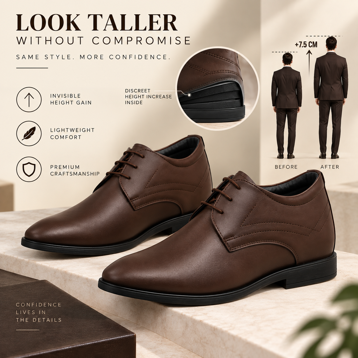 Denaro Formal Elevator Shoes - Brown